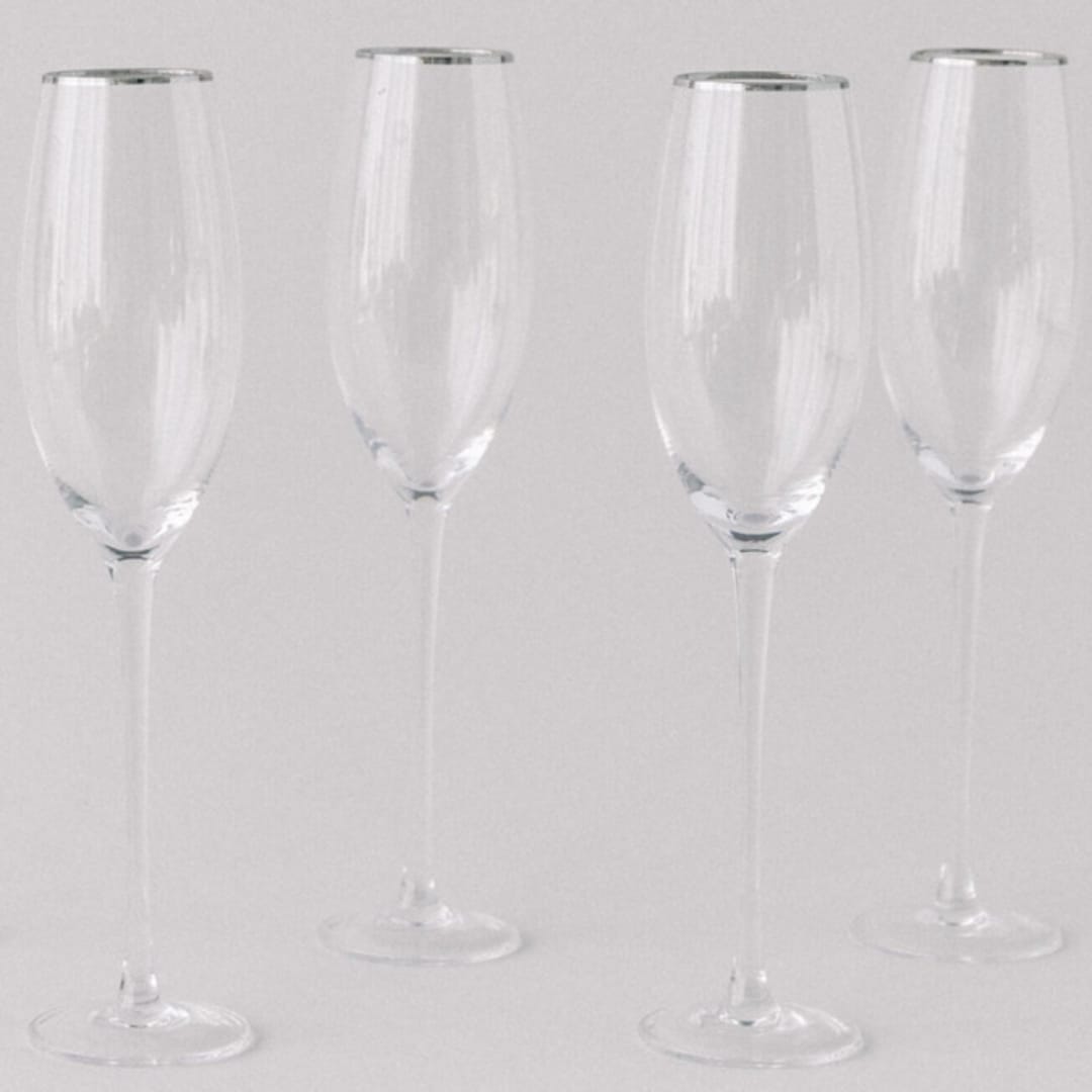 "SET OF 4 - SIREN STEMWARE // CHAMPAGNE FLUTE IN CLEAR+PLATINUM" - Drinkware in clear by borrowed BLU