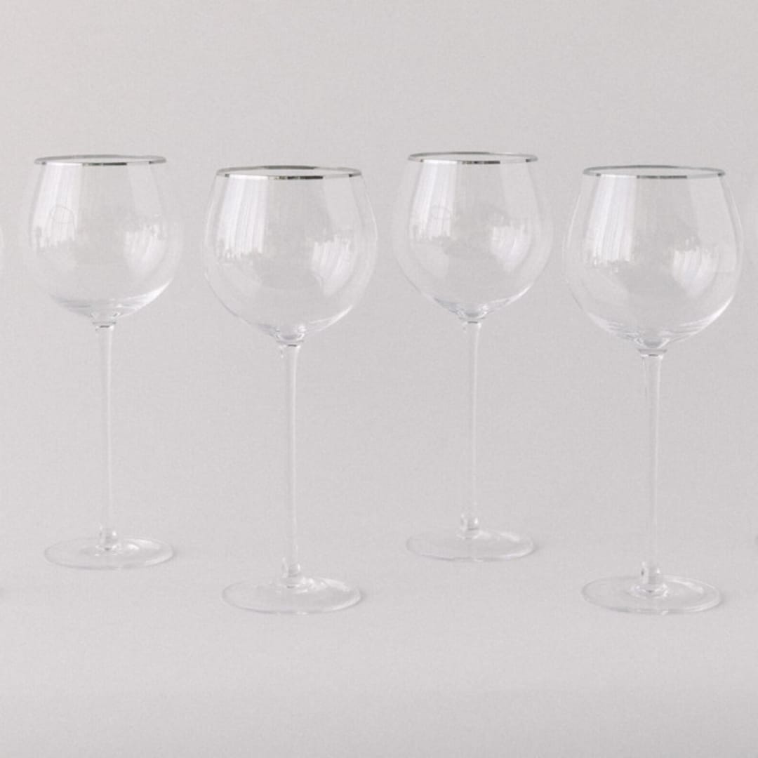 "SET OF 4 - SIREN STEMWARE // RED WINE IN CLEAR+PLATINUM" - Drinkware in clear by borrowed BLU