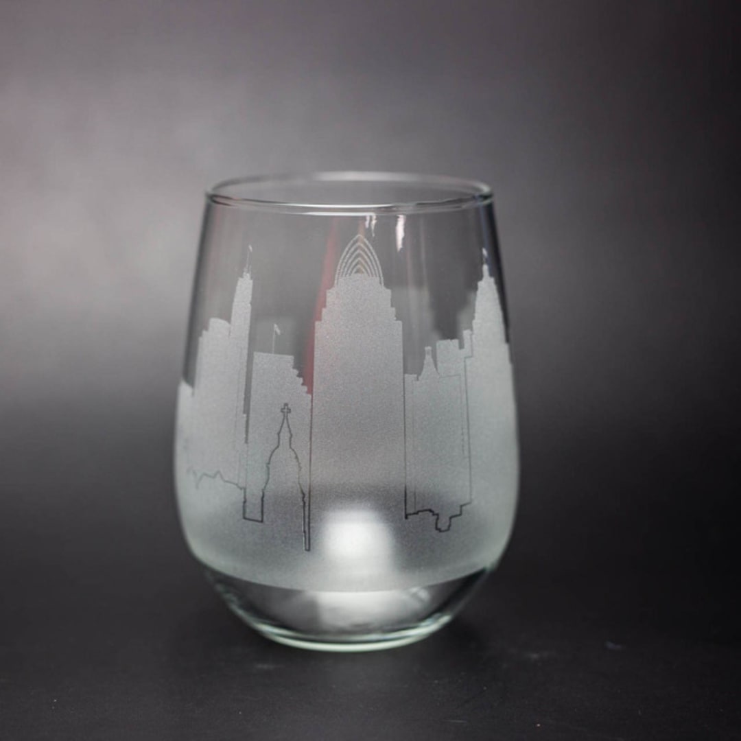 "Cincinnati, Ohio Skyline Stemless Wine Glass" - Drinkware in clear by stephanie miller 1