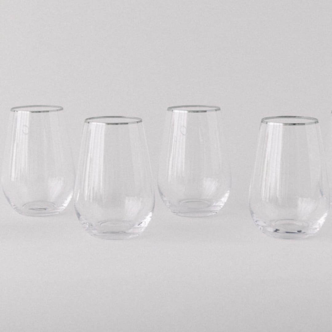 "SET OF 4 - SIREN STEMWARE // TALL STEMLESS IN CLEAR+PLATINUM" - Drinkware in clear by borrowed BLU