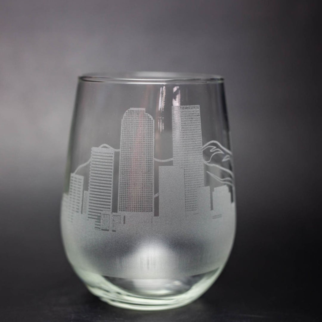 Denver, Colorado Skyline Stemless Wine Glass
