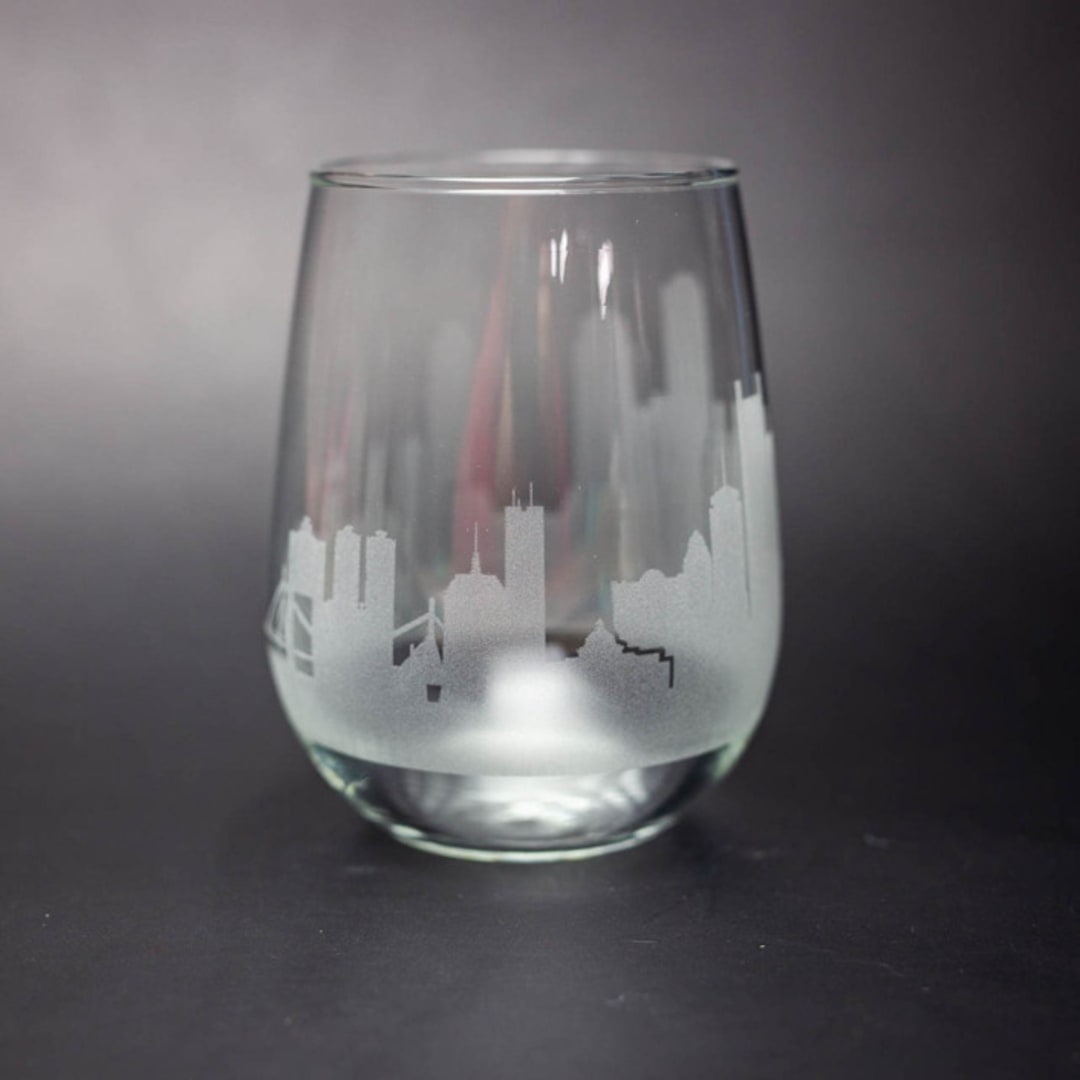 "Boston Massachusetts Skyline Stemless Wine Glass" - Drinkware in clear by stephanie miller 1