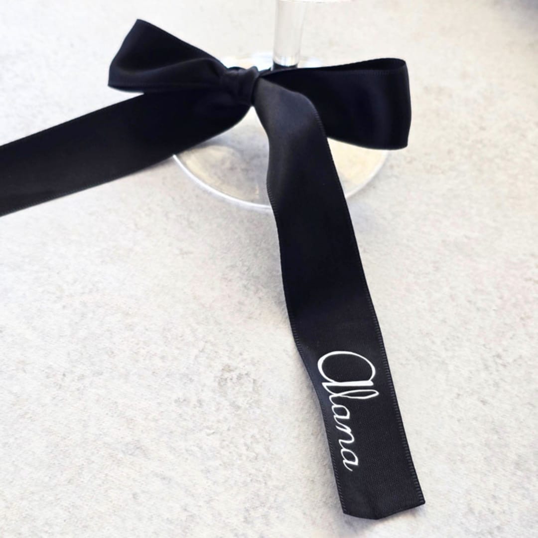 "Handmade Personalized Ribbon Place Card - Customizable Style- Set of 10 Black/White" - Ribbons in black by Inkspiringletters