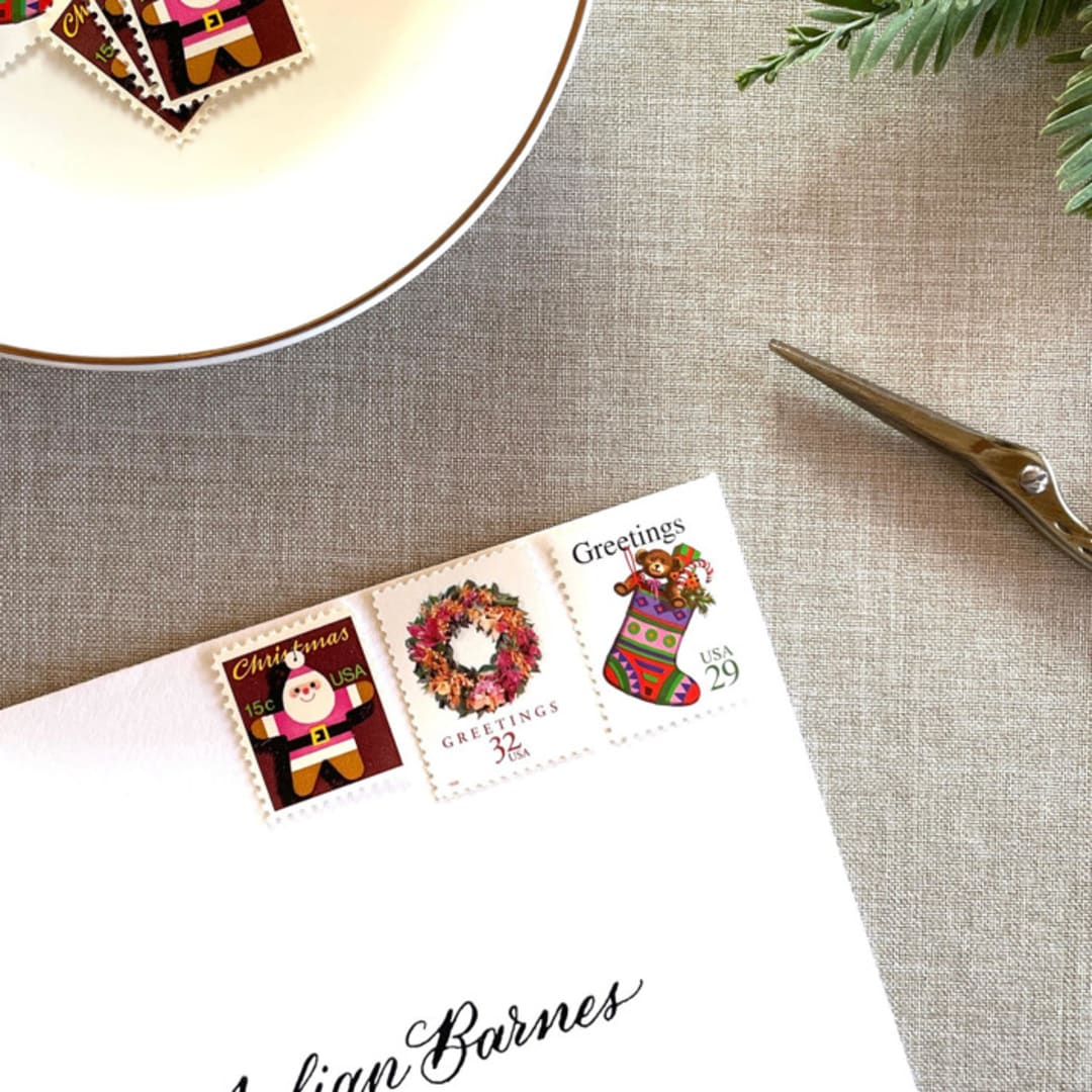 "Christmas Pink Stocking Vintage Postage, 10 Sets" - Postage Stamps in pink by Jennifer Kramer