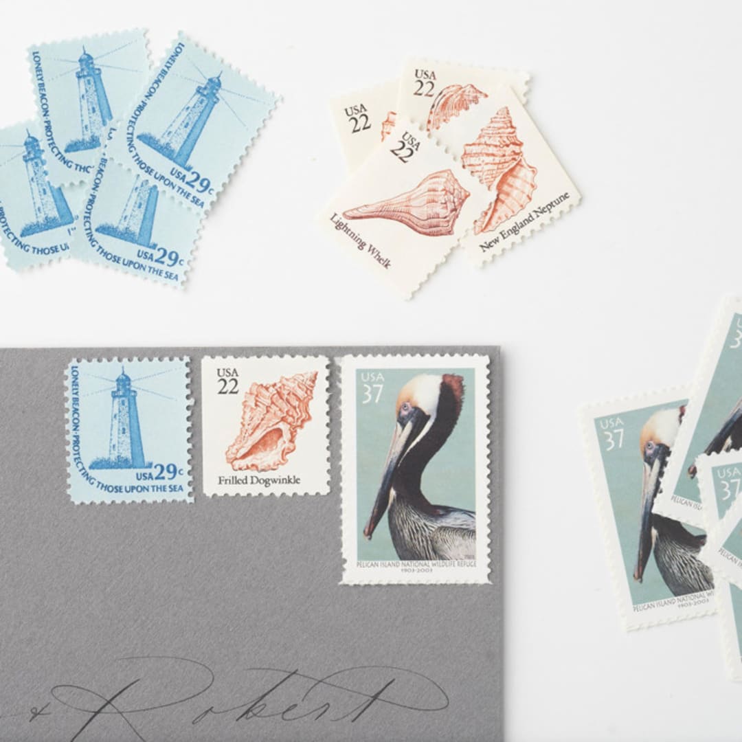 "Coastal Affair Postage Set // Set of 5 // $.88 in postage per set" - Postage Stamps in blue by Flourish Fine Writing