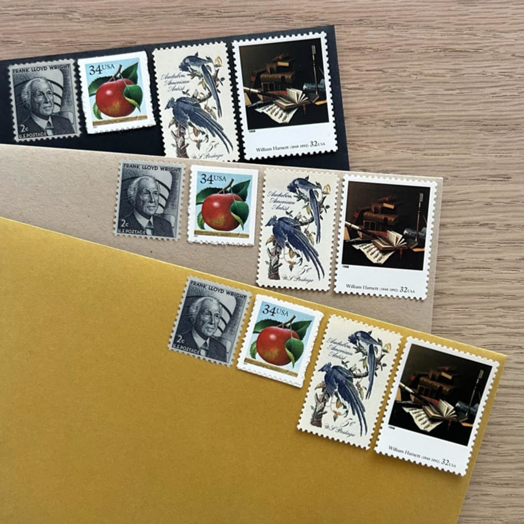 73 cents . Apples & Books vintage postage stamps . Set of 5