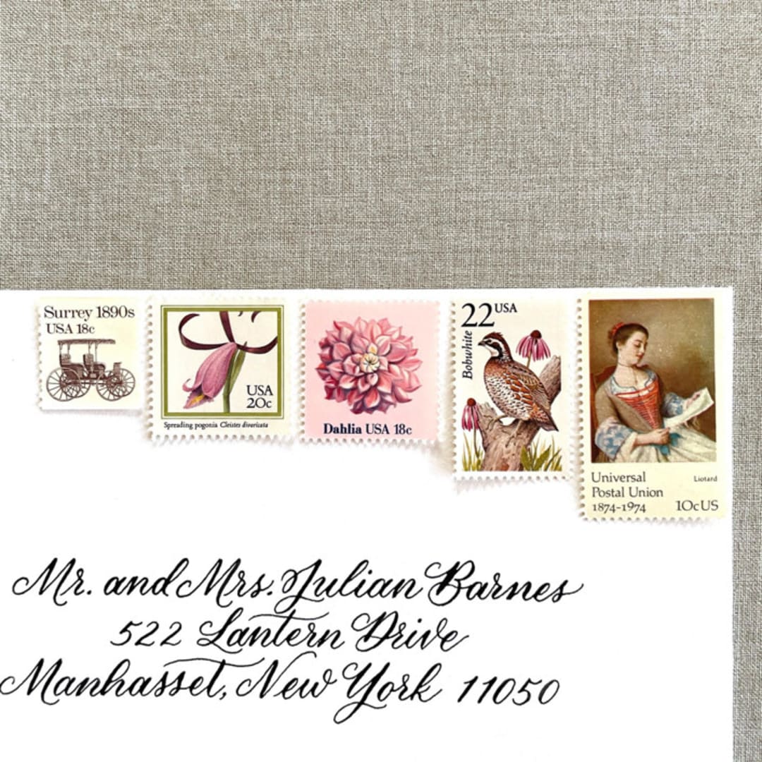 "Pink Vintage Postage, 10 Sets" - Postage Stamps in pink by Jennifer Kramer