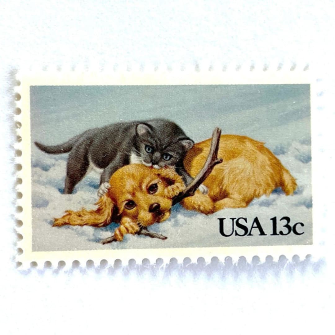 ""Kitten and Puppy" Postage Stamps | Christmas Issue | Unused USPS Postage 13c | Pack of 20" - Postage Stamps in multicolor by Heritage Post House