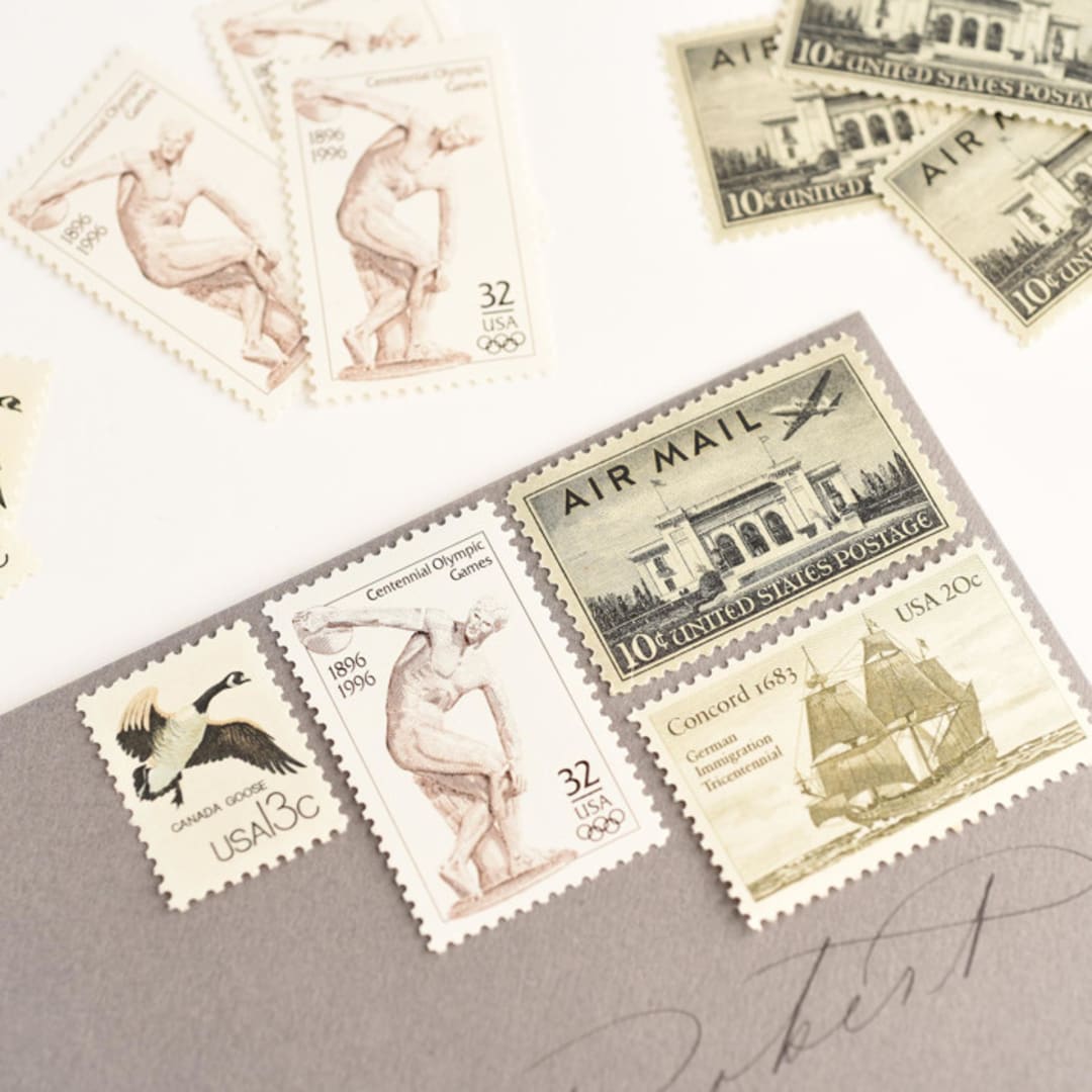 "Black and White Vintage Postage Set // Set of 5 // $.75 in postage per set" - Postage Stamps in gray by Flourish Fine Writing