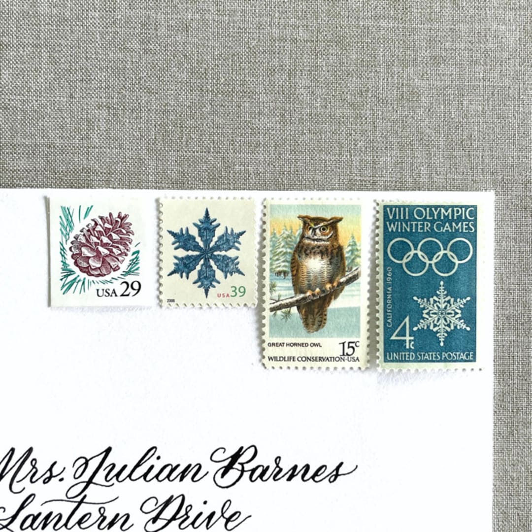 "Winter Snowflake Vintage Postage, 10 Sets" - Postage Stamps in blue by Jennifer Kramer