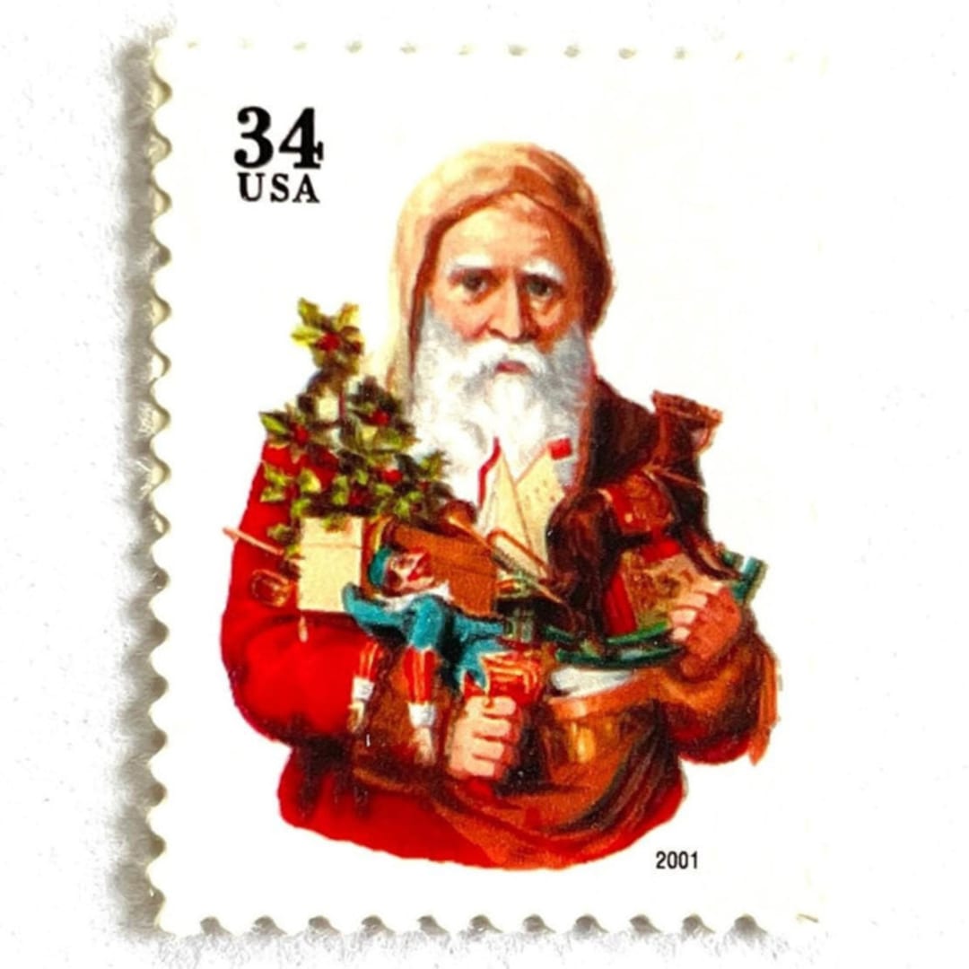 "Winter Holidays “Santa with Toy Horse” Postage Stamps | Contemporary Christmas Series | Vintage Unused USPS Postage 34c | Pack of 10" - Postage Stamps in red by Jennifer Kramer