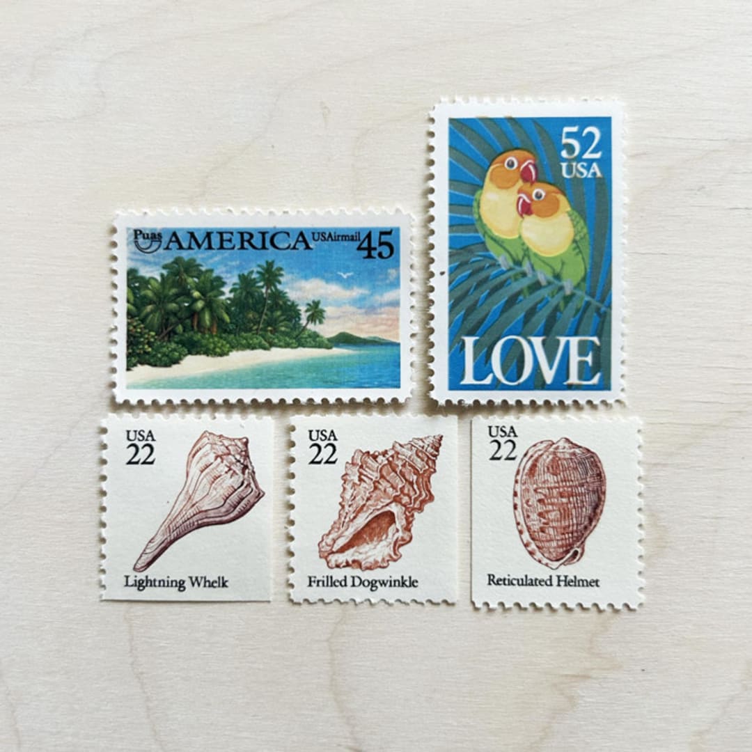 "$1.19 cent . Tropical Love vintage postage stamp pack . Set of 5" - Postage Stamps in multicolorassorted-colors by Kristen Melchor