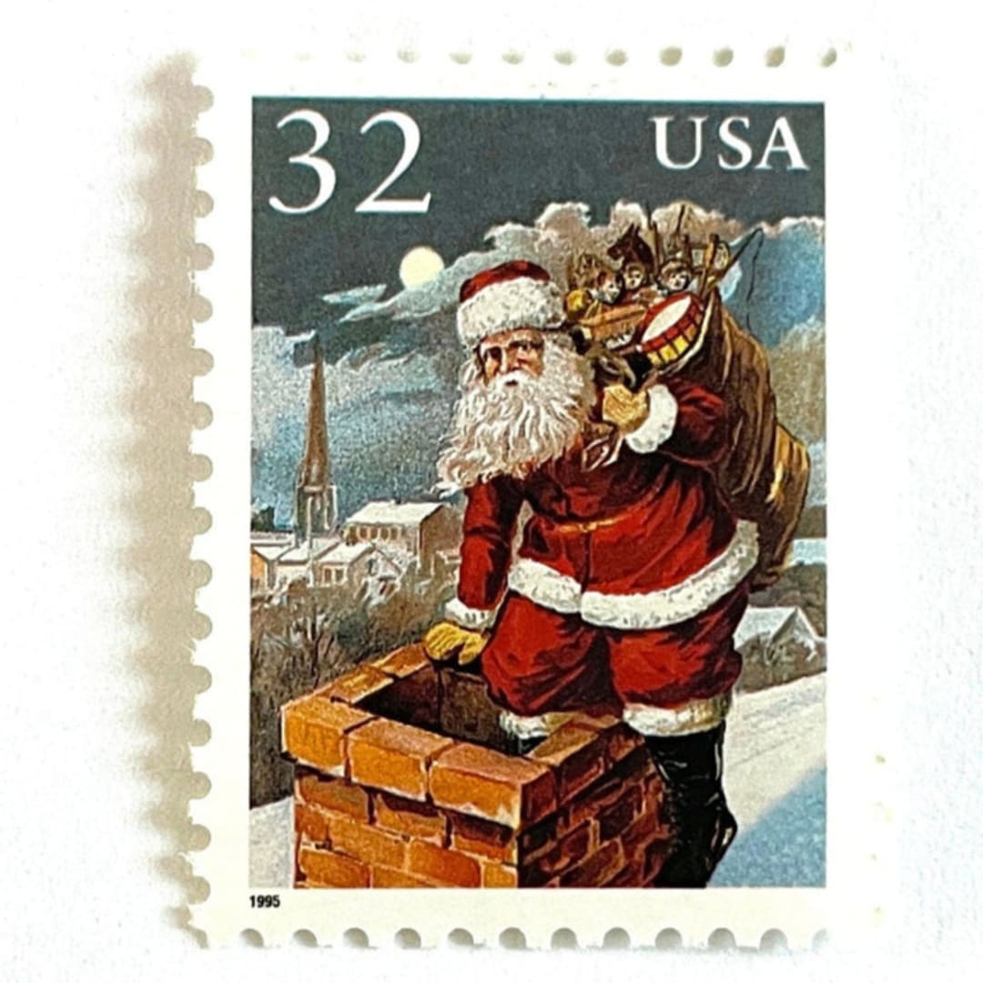 "“Santa & Chimney” Postage Stamps | Santa and Children Set | Contemporary Christmas Series | Vintage Unused USPS Postage 32c | Pack of 10" - Postage Stamps in red by Jennifer Kramer