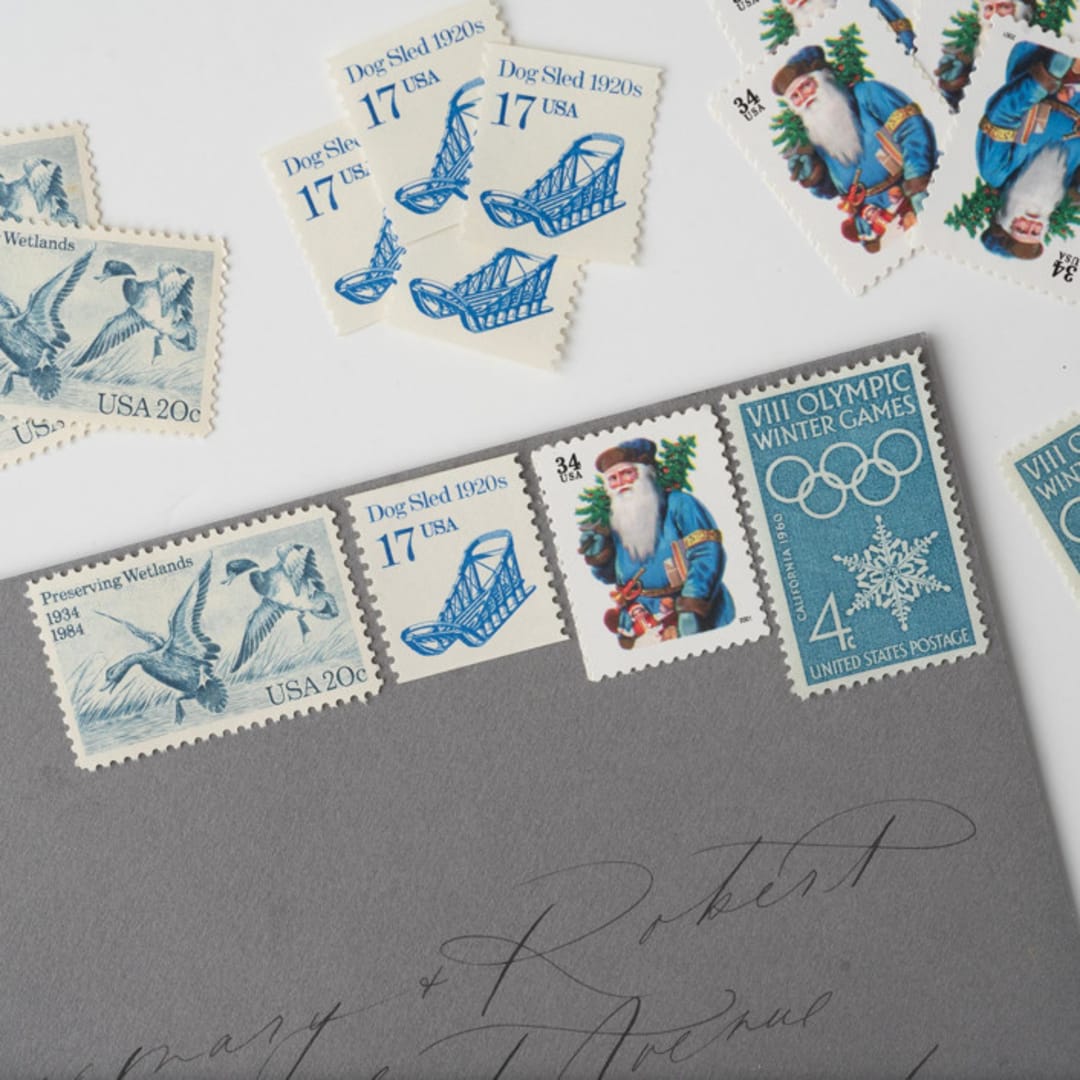 "Let it Snow Vintage Holiday Postage Set // Set of 5 // UNUSED // Blues // Santa" - Postage Stamps in blue by Flourish Fine Writing