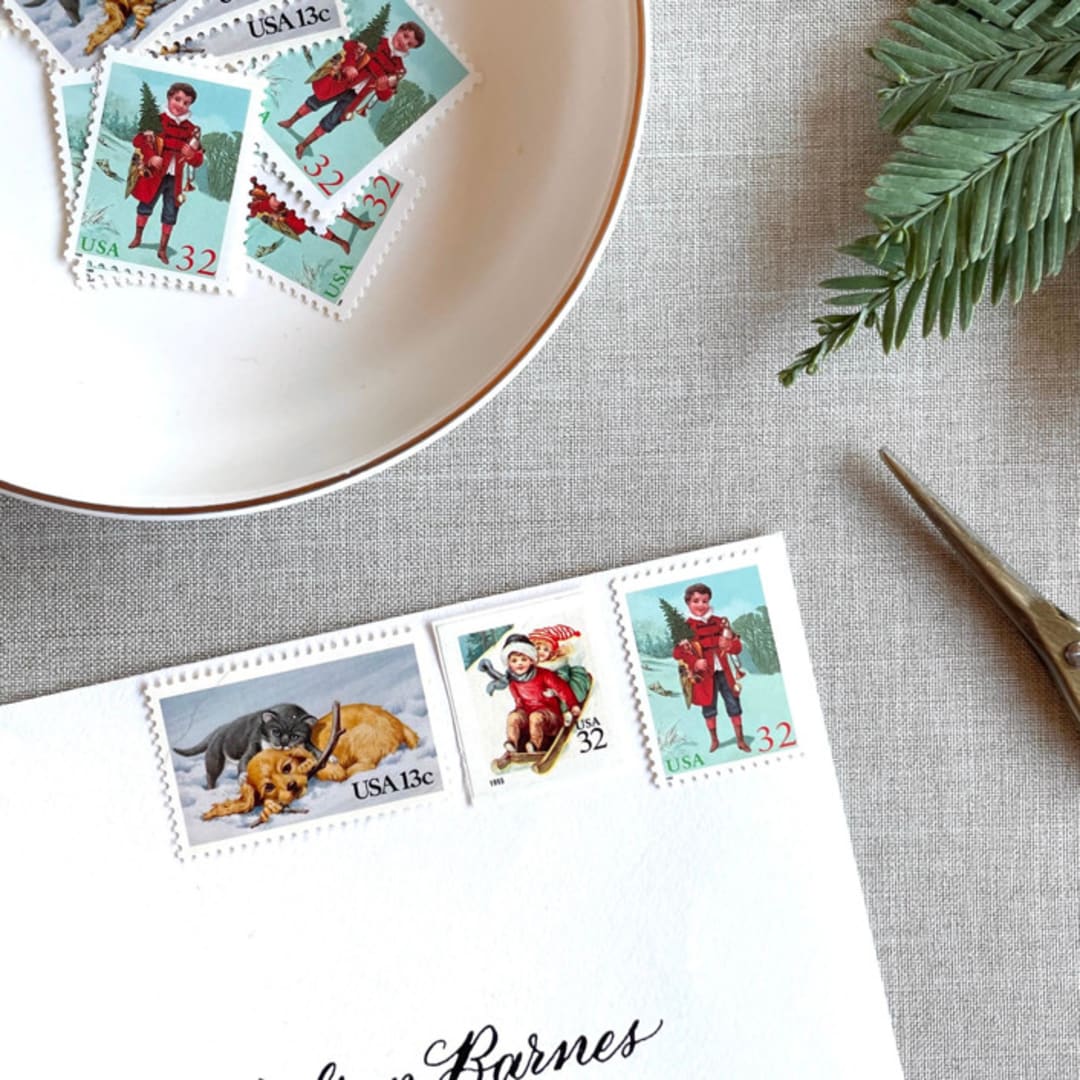 "Holiday Kids and Puppies Vintage Postage, 10 Sets" - Postage Stamps in multicolor by Jennifer Kramer