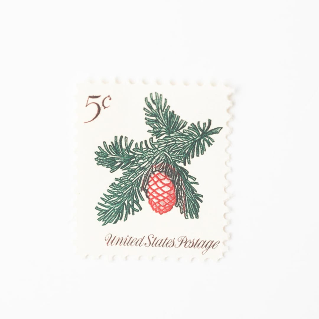 "5 Cent Christmas Conifer Sprig Postage Stamps // Set of 10 // UNUSED Vintage Stamps" - Postage Stamps in green by Flourish Fine Writing