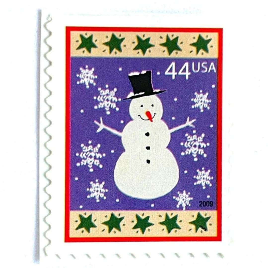 "Winter Holidays “Snowman” Postage Stamps | Contemporary Christmas Series | Vintage Unused USPS Postage 44c | Pack of 10" - Postage Stamps in purple by Jennifer Kramer