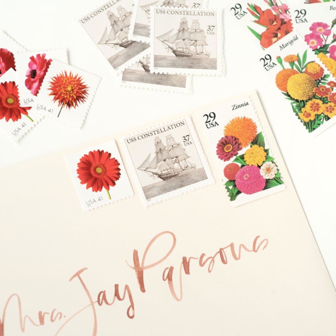 "Pink and Orange Fall Botanical Vintage Postage Set // Set of 5 // 2 ounce envelope // $1.07 in postage per set" - Postage Stamps in red by Flourish Fine Writing
