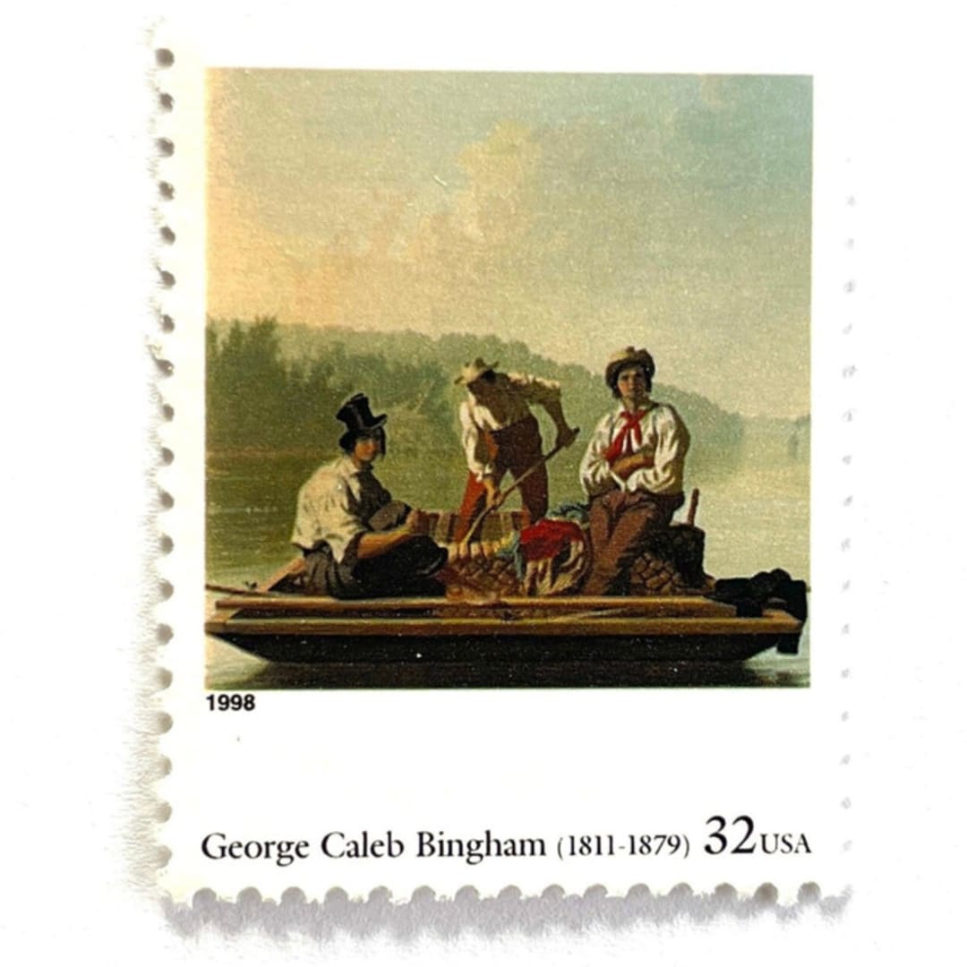 "George Caleb Bingham's "Boatmen on the Missouri" Postage Stamps | Four Centuries of American Art Series | Vintage Unused USPS Postage 32c | Pack of 10" - Postage Stamps in beige by Jennifer Kramer