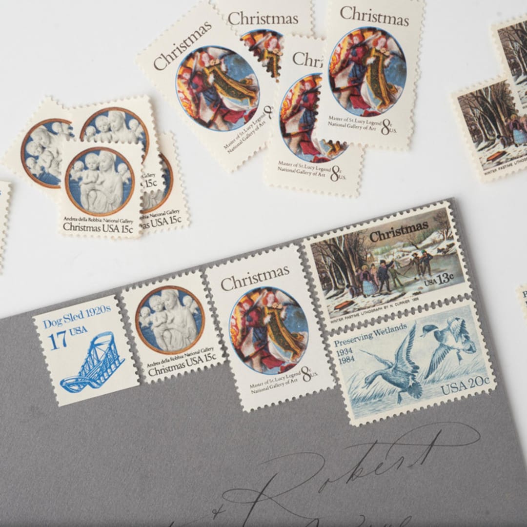 "Dogsledding & Ice Skating Vintage Postage Set // Set of 5 // UNUSED // Blues" - Postage Stamps in blue by Flourish Fine Writing