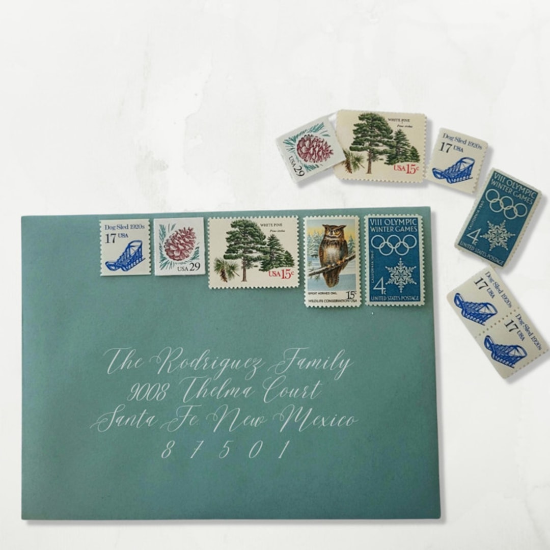 "Holiday Vintage Postage Set | Winter Wonderland | One Ounce | Set of 5" - Postage Stamps in blue by The Silver Stamps