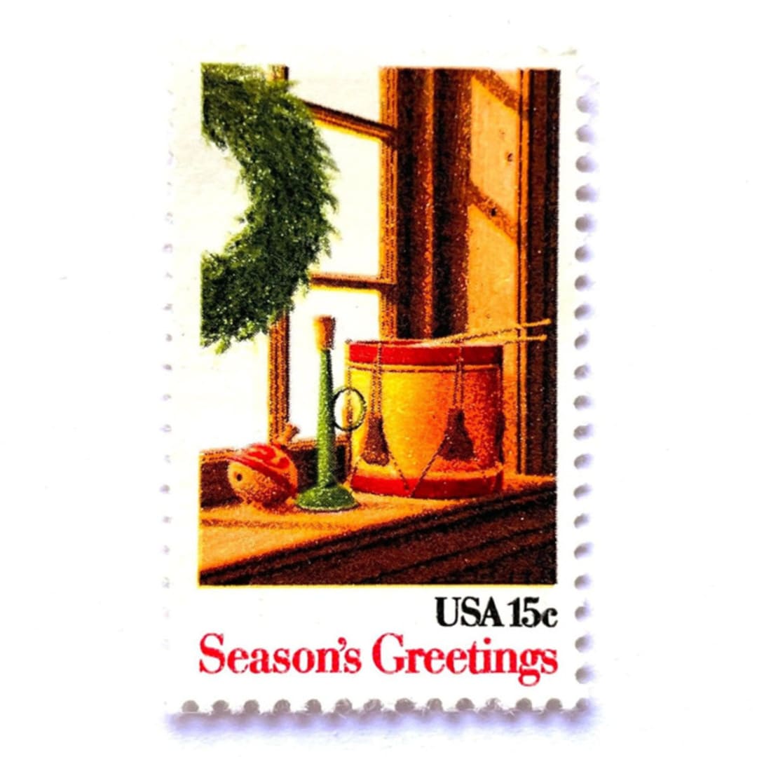 ""Wreath and Toys on Window" Postage Stamps | Contemporary Christmas Series | Unused USPS Postage 15c | Pack of 20" - Postage Stamps in green by Heritage Post House
