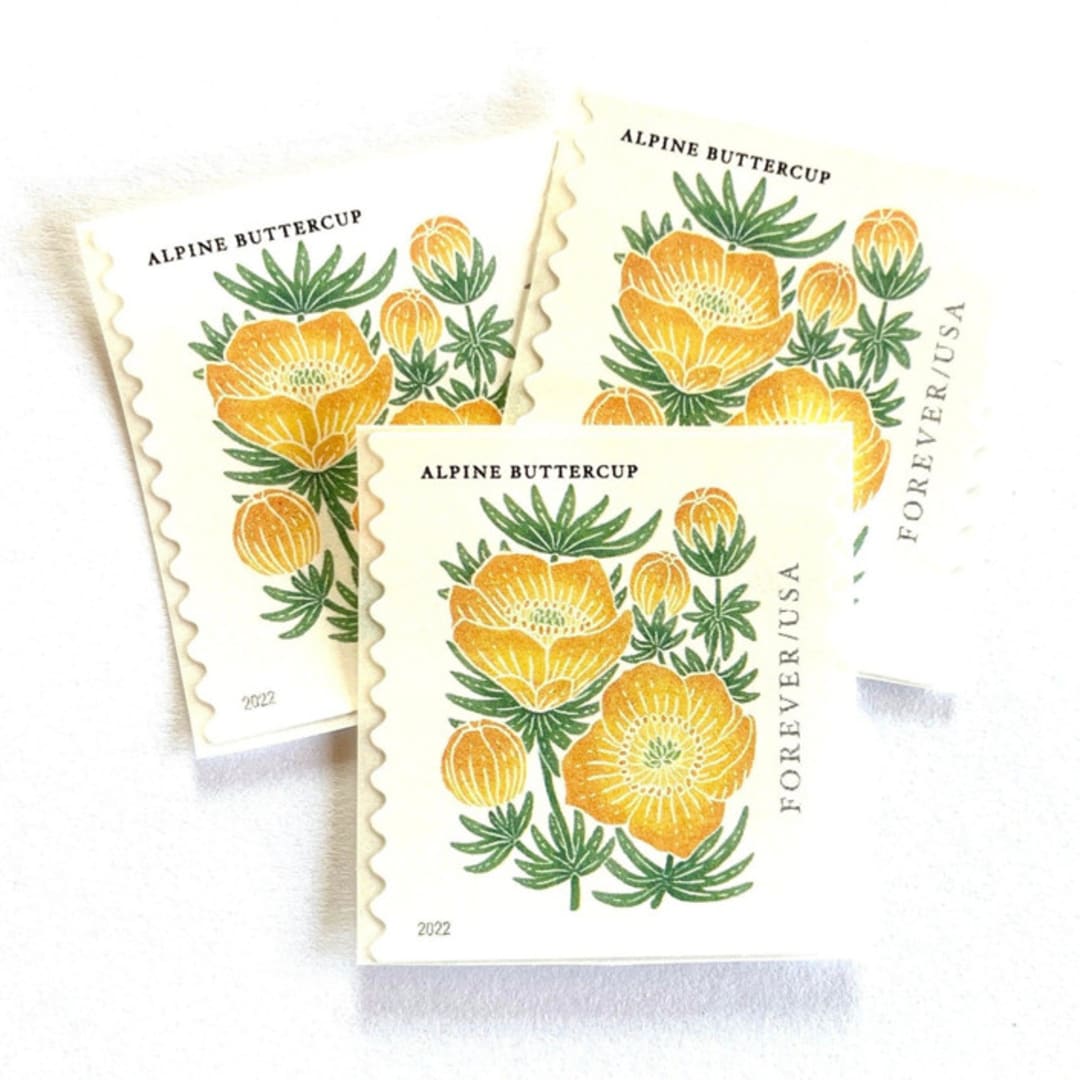 "Alpine Buttercup Postage Stamps | Mountain Flora Series | Wedding Stamps | Vintage Unused USPS Postage Forever Stamps | Pack of 10" - Postage Stamps in yellow by Heritage Post House