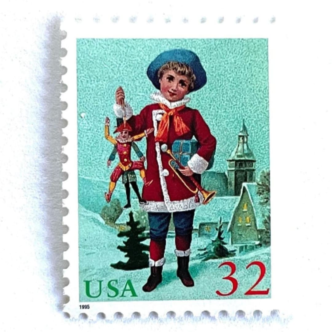 "“Child with Jumping Jack” Postage Stamps | Santa and Children Set | Contemporary Christmas Series | Vintage Unused USPS Postage 32c | Pack of 10" - Postage Stamps in green by Jennifer Kramer