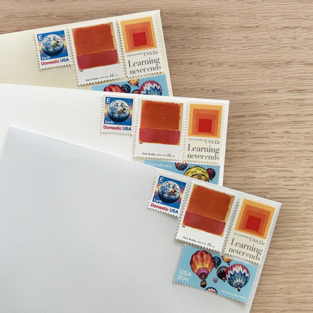 "92 cents . Balloon vintage postage stamps . Set of 5" - Postage Stamps in multicolorassorted-colors by Kristen Melchor
