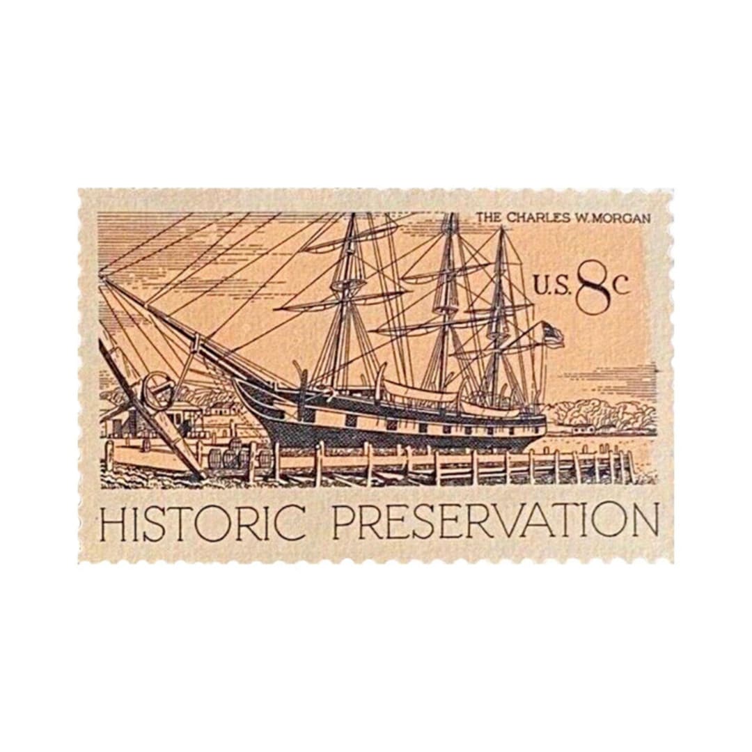 "8 Cent Historic Preservation Whaling Ship Postage Stamps // Set of 10 // UNUSED Vintage Stamps" - Postage Stamps in beige by Flourish Fine Writing