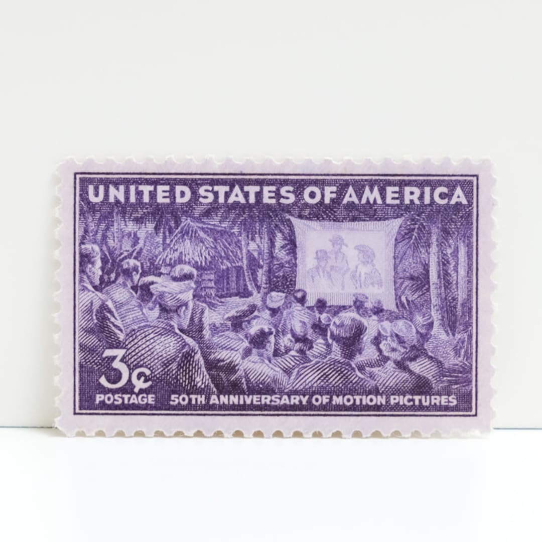 "Vintage Unused Stamps - Motion Pictures,  3 cent - Set of 5" - Postage Stamps in purple by Tablo Post