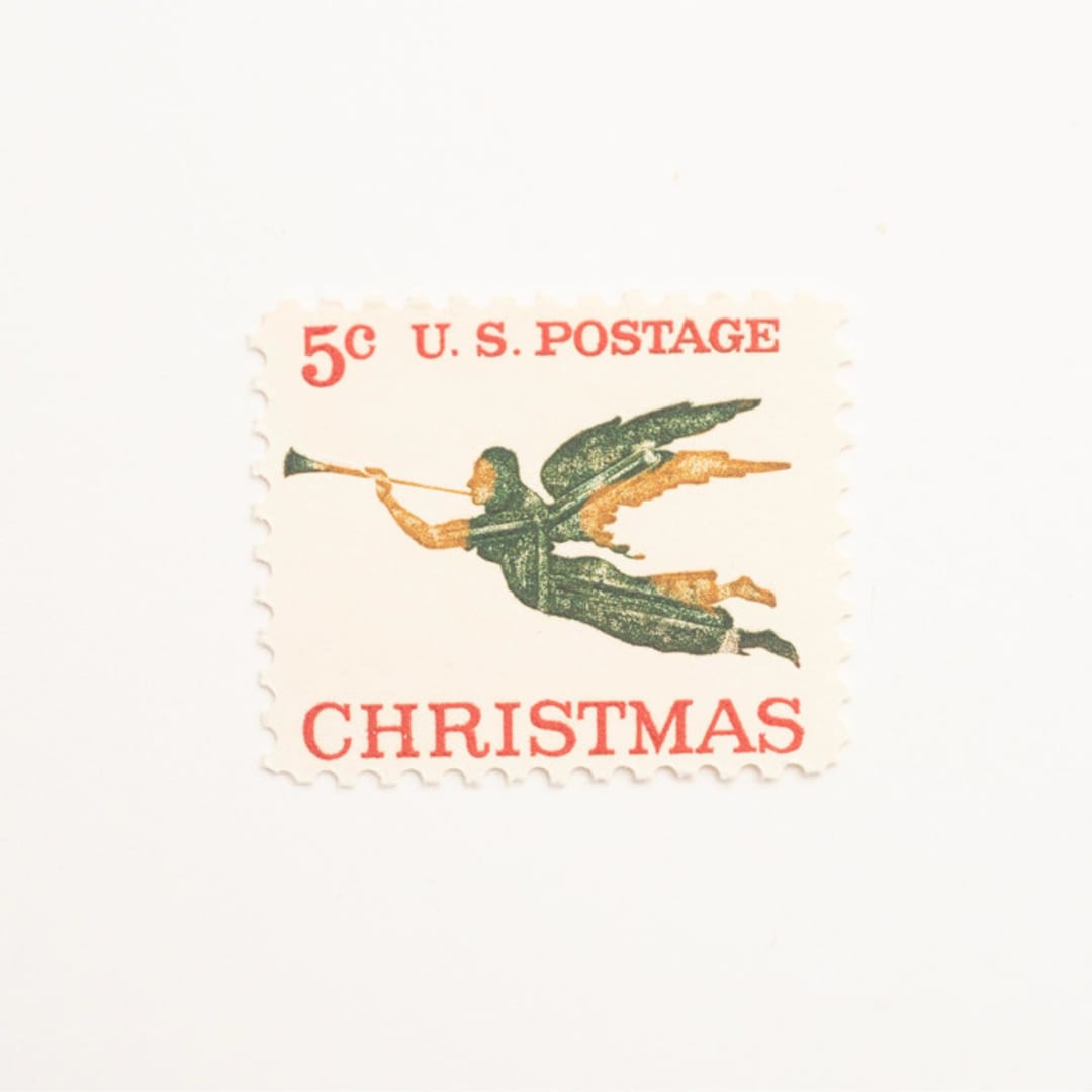 "5 Cent Christmas Angel Postage Stamps // Set of 10 // UNUSED" - Postage Stamps in green by Flourish Fine Writing