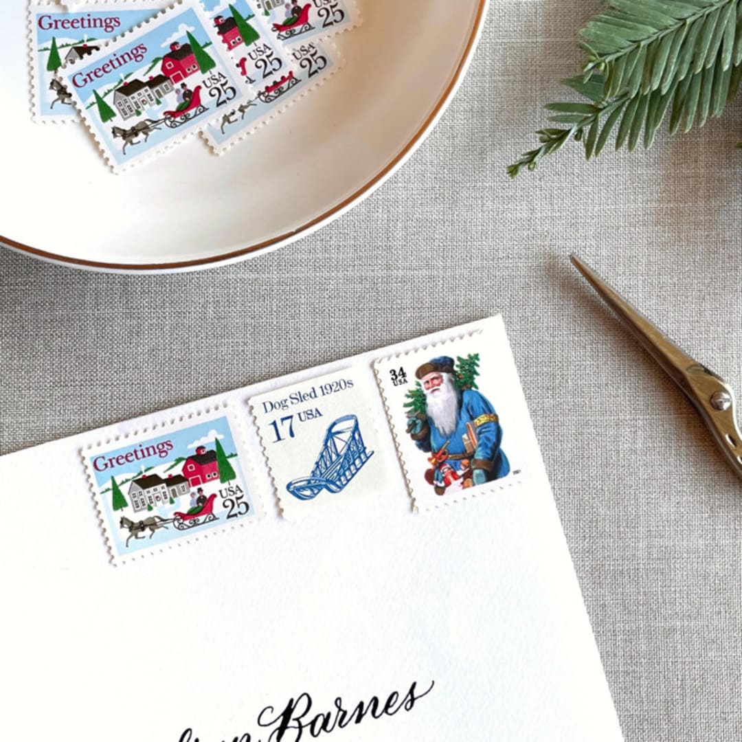 "Christmas Blue Sled Vintage Postage, 10 Sets" - Postage Stamps in blue by Jennifer Kramer