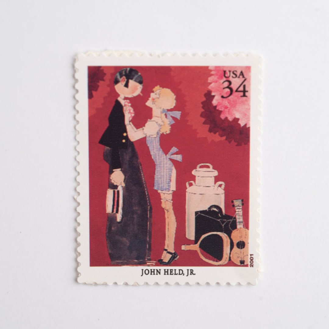 "34 Cent American Illustrator John Held Jr. "The Girl He Left Behind" Postage Stamps // Set of 10 // UNUSED Vintage Stamps" - Postage Stamps in red by Flourish Fine Writing