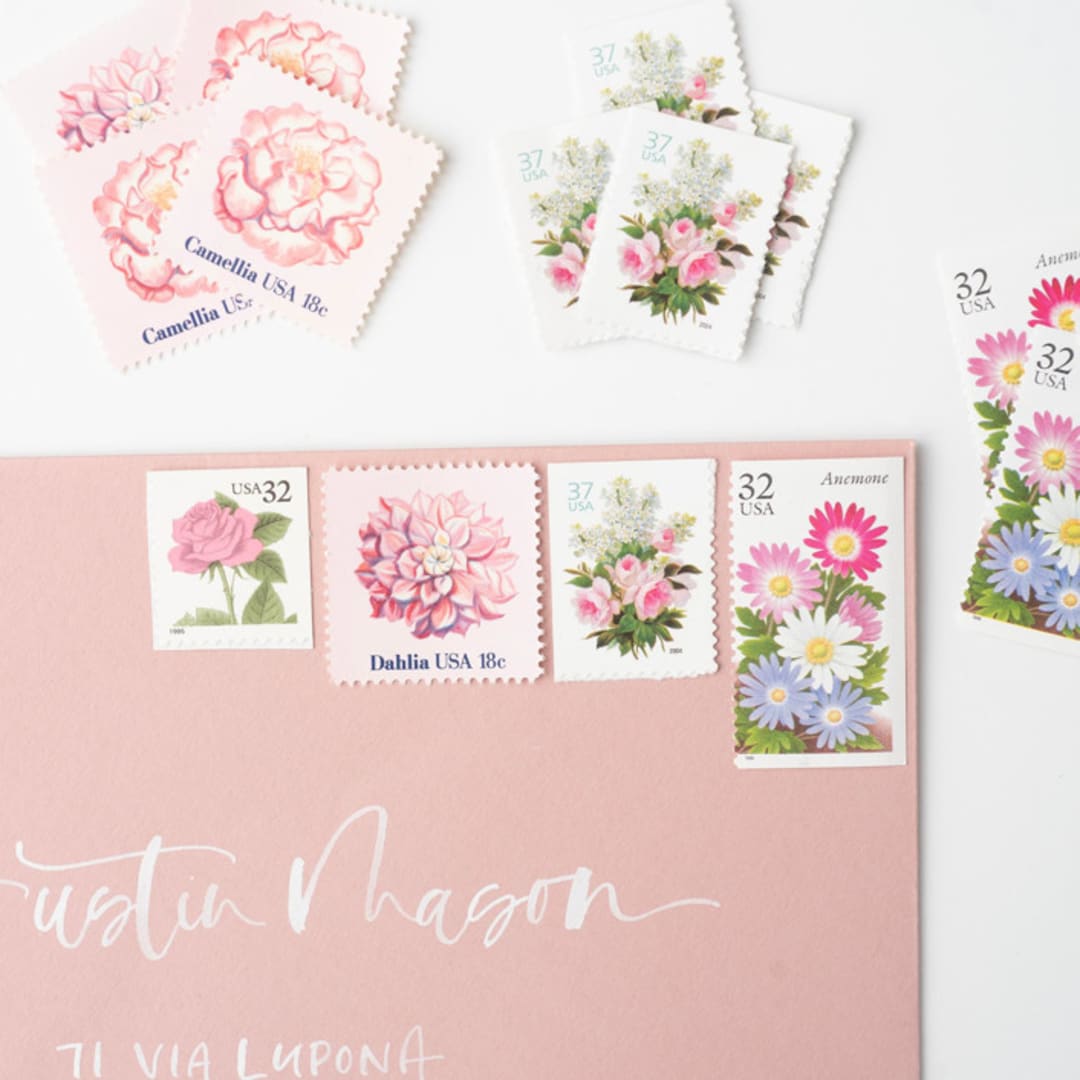"Pretty in Pink Postage Set // Set of 5 // $1.19 in postage per set" - Postage Stamps in pink by Flourish Fine Writing