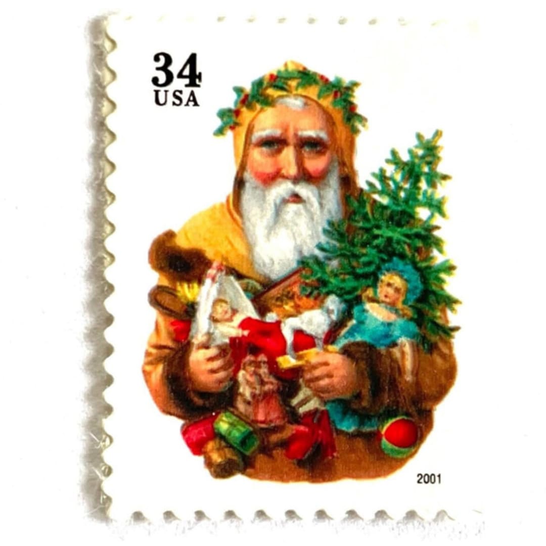 "Winter Holidays “Santa with Dog” and Christmas Tree Postage Stamps | Contemporary Christmas Series | Vintage Unused USPS Postage 34c | Pack of 10" - Postage Stamps in gold by Jennifer Kramer