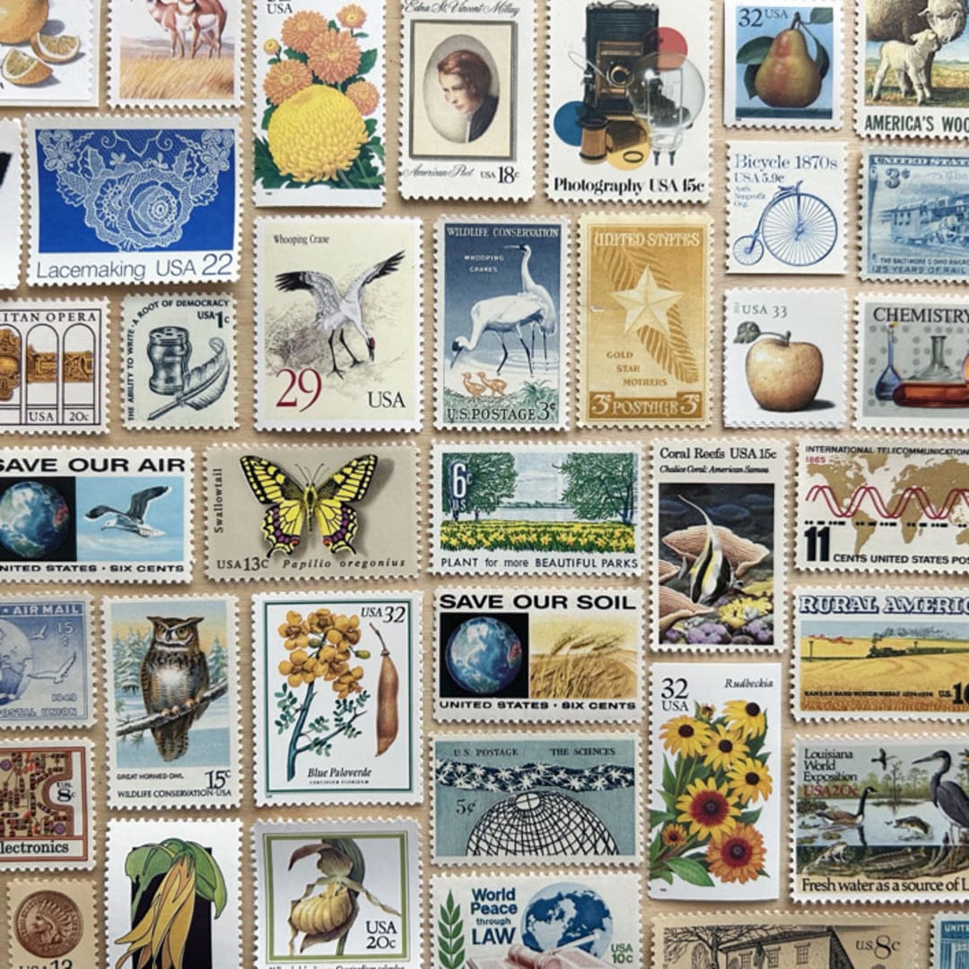"78 cents . Blue & Gold vintage postage stamp variety pack . Set of 5" - Postage Stamps in blue by Kristen Melchor