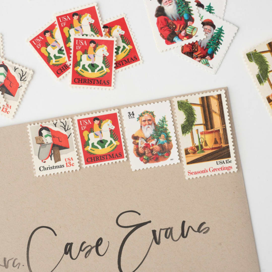 "Christmas Mail and Vintage Santa Postage Set // Set of 5 // UNUSED // Hobby Horse // Snow" - Postage Stamps in red by Flourish Fine Writing