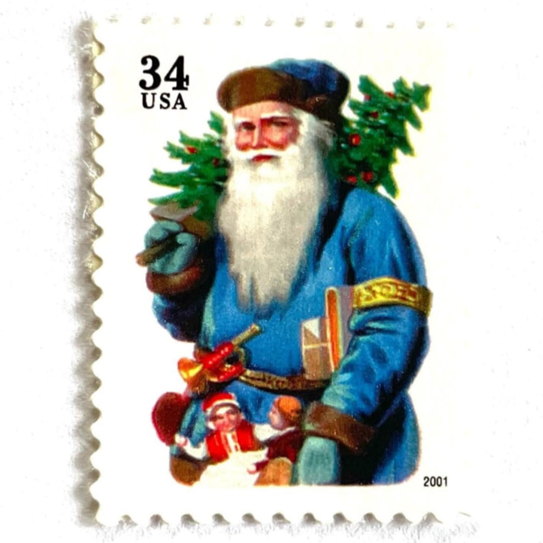 "Winter Holidays "Santa with Horn" and Blue Coat Postage Stamps | Contemporary Christmas Series | Vintage Unused USPS Postage 34c | Pack of 10" - Postage Stamps in blue by Jennifer Kramer