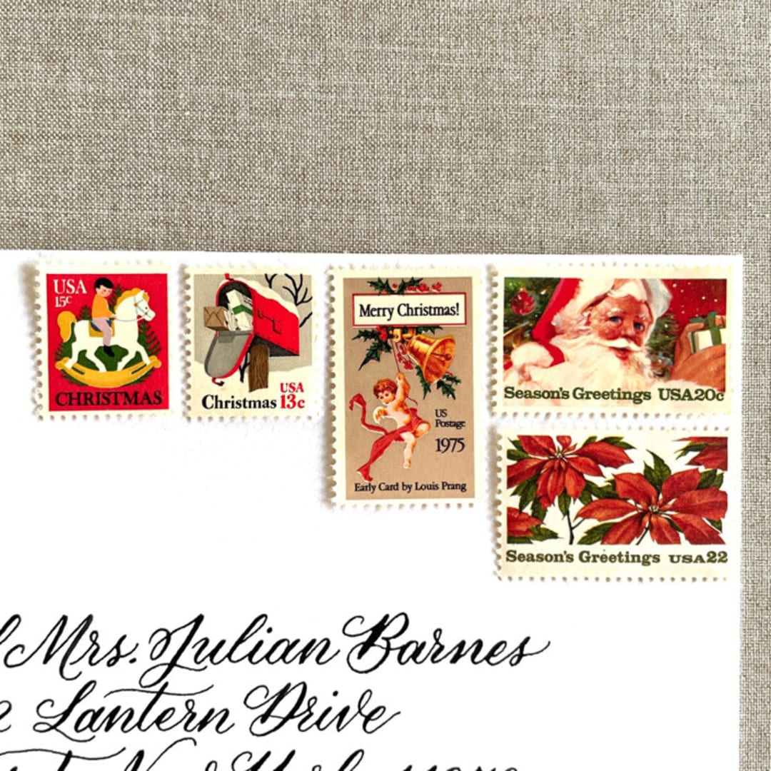 "Christmas Red Vintage Postage, 10 Sets" - Postage Stamps in red by Jennifer Kramer