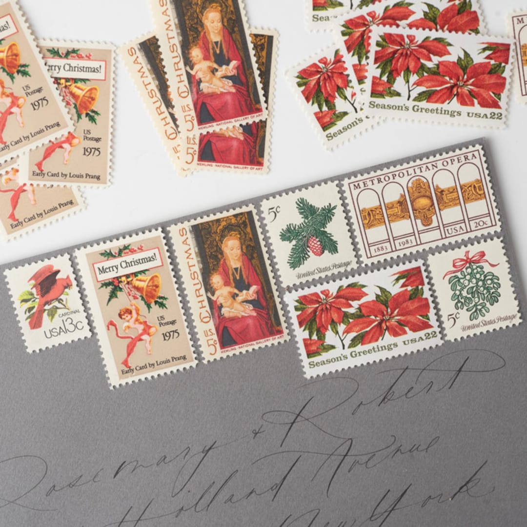 "Red and Gold Vintage Holiday Postage Set // Set of 5 // UNUSED // Bells & Angels // Botanical" - Postage Stamps in gold by Flourish Fine Writing