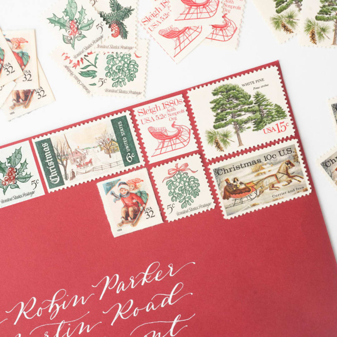 "Winter Wonderland Vintage Postage Set // Set of 5 // UNUSED // Sleigh Ride" - Postage Stamps in green by Flourish Fine Writing