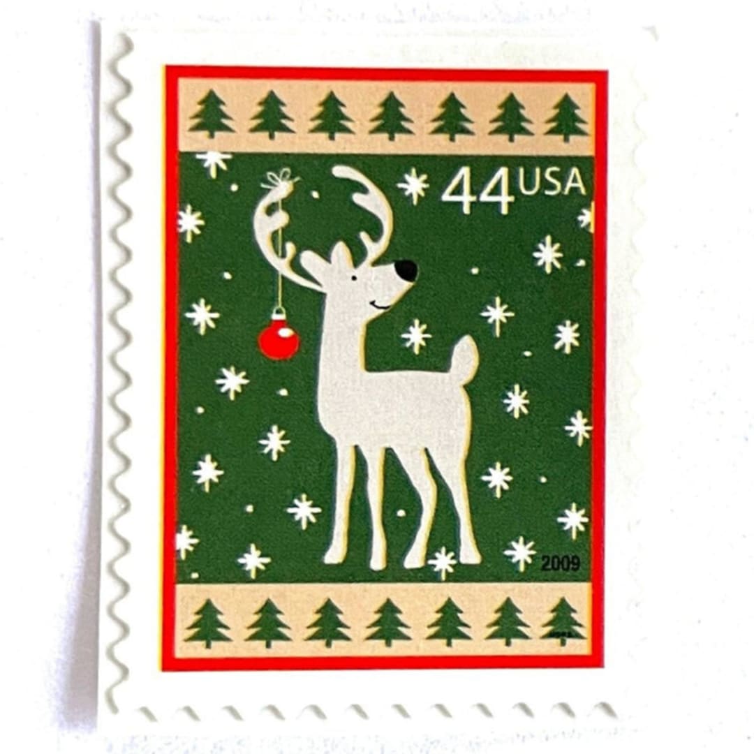 "Winter Holidays “Reindeer” Postage Stamps | Contemporary Christmas Series | Vintage Unused USPS Postage 44c | Pack of 10" - Postage Stamps in green by Jennifer Kramer