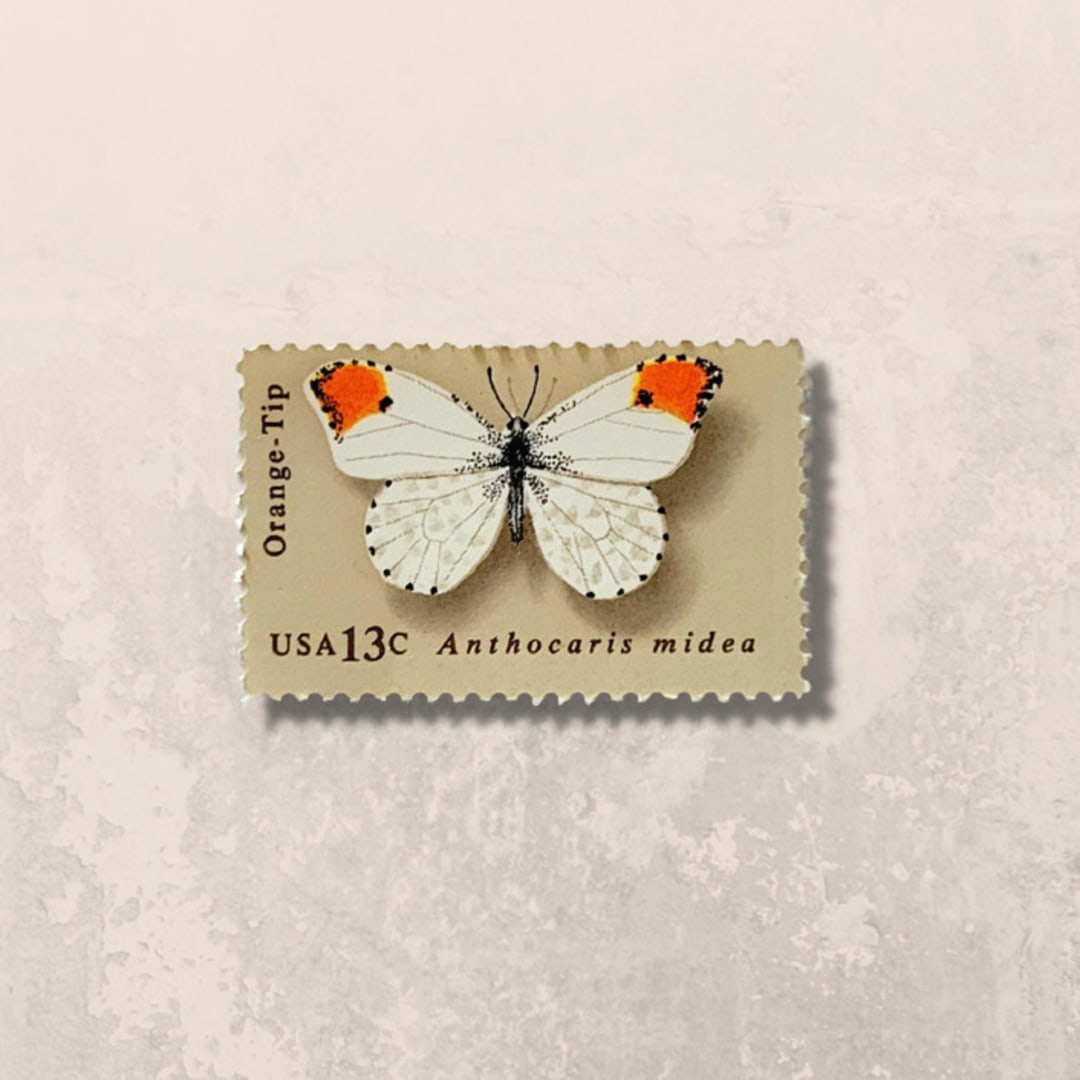 "Butterfly: Orange-Tip | Vintage Stamp, 13 cents, 1977 | 5 each" - Postage Stamps in beige by The Silver Stamps