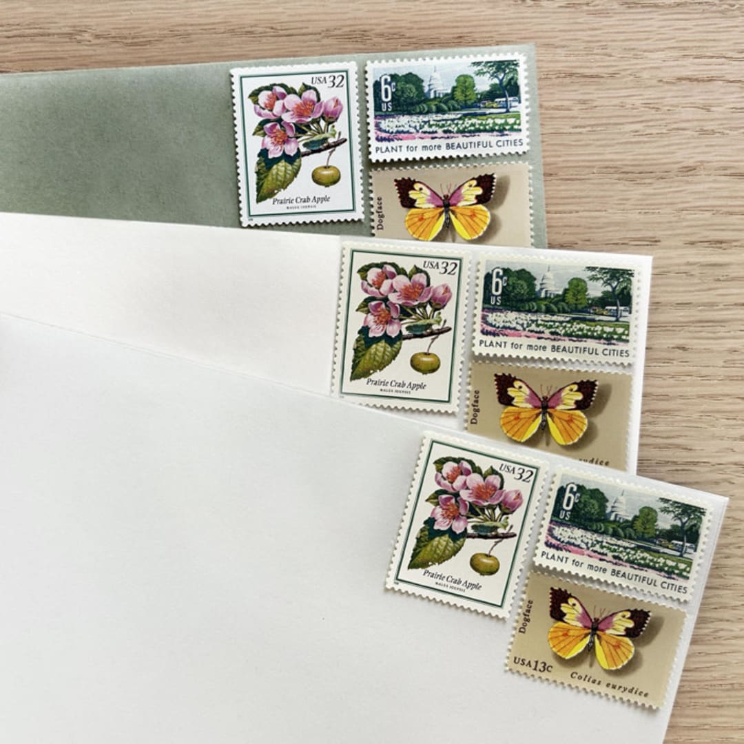 "51 cents . Pink apple blossom vintage postage stamps add-on . Set of 5" - Postage Stamps in green by Kristen Melchor