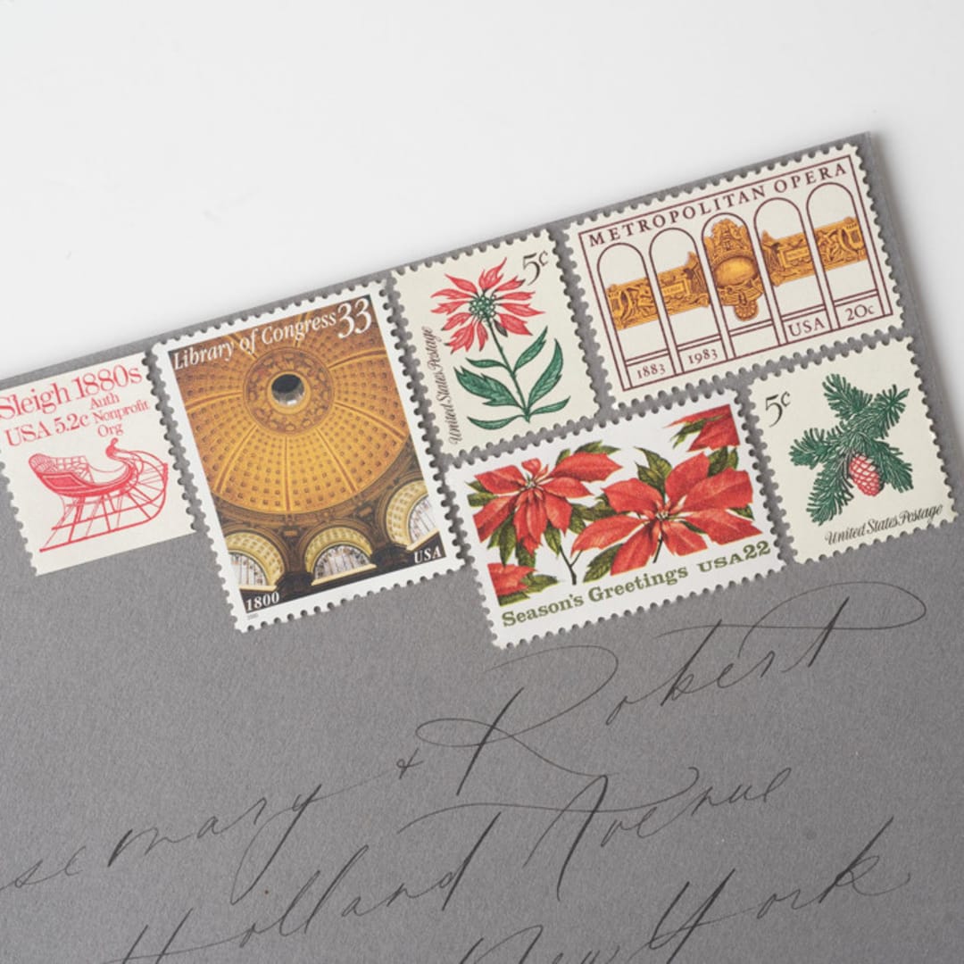 "Christmas in the City Vintage Postage Set // Set of 5 // UNUSED // Gold & Red // Sleigh" - Postage Stamps in red by Flourish Fine Writing
