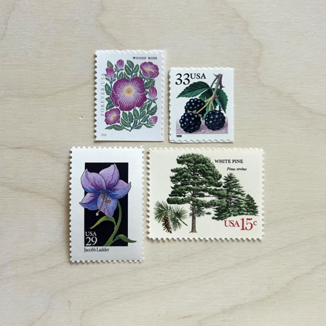 "$1.50 . Purple floral postage stamps . Set of 5" - Postage Stamps in purple by Kristen Melchor