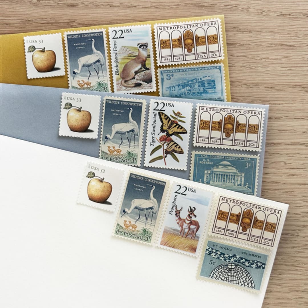 "81 cents . Gold and Blue vintage postage stamps . Set of 5" - Postage Stamps in gold by Kristen Melchor