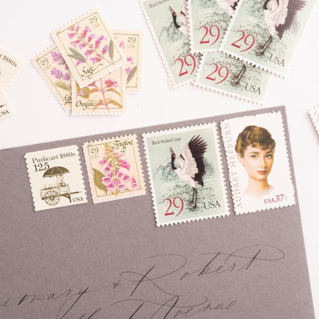 "Romantic & Classic Garden Postage Set // Set of 5 // $1.075 in postage" - Postage Stamps in pink by Flourish Fine Writing