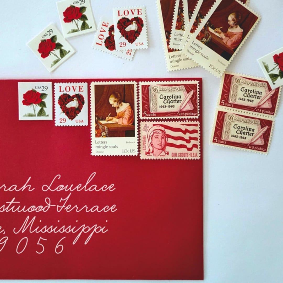 "Valentine's Day "Love Letter" Vintage Postage Set | 77 cents | Set of 5" - Postage Stamps in red by The Silver Stamps